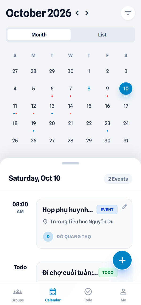 Family calendar with events and to-dos for the selected day